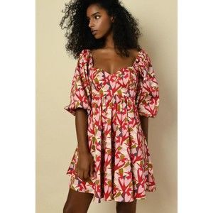Slate + Willow Love Bird Mini Dress, Pink Puff Sleeve Square Neck Dress, sz 10